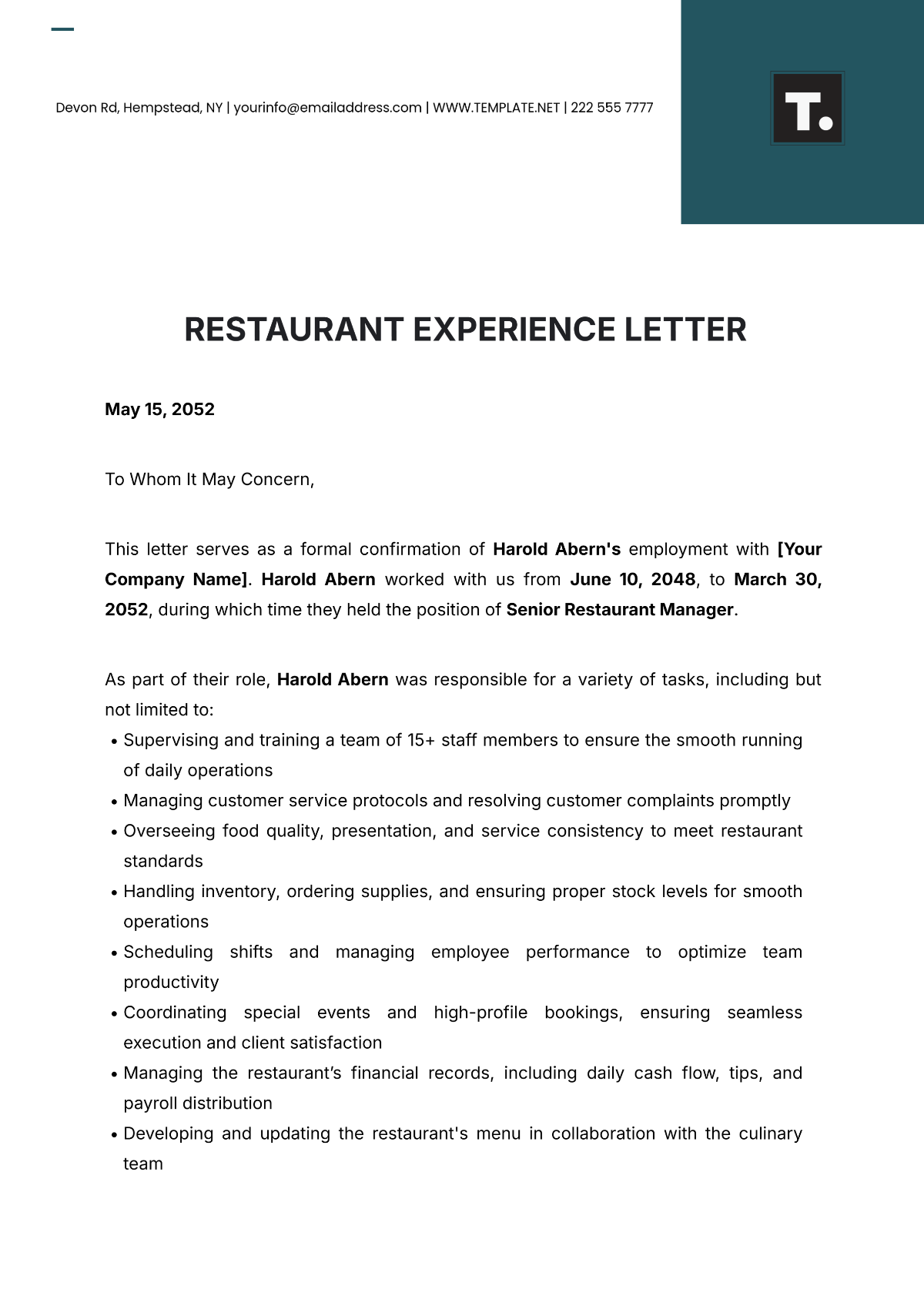 Restaurant Experience Letter Template - Edit Online & Download