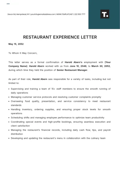 Free Restaurant Experience Letter Template to Edit Online