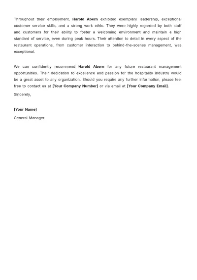 Free Restaurant Experience Letter Template to Edit Online