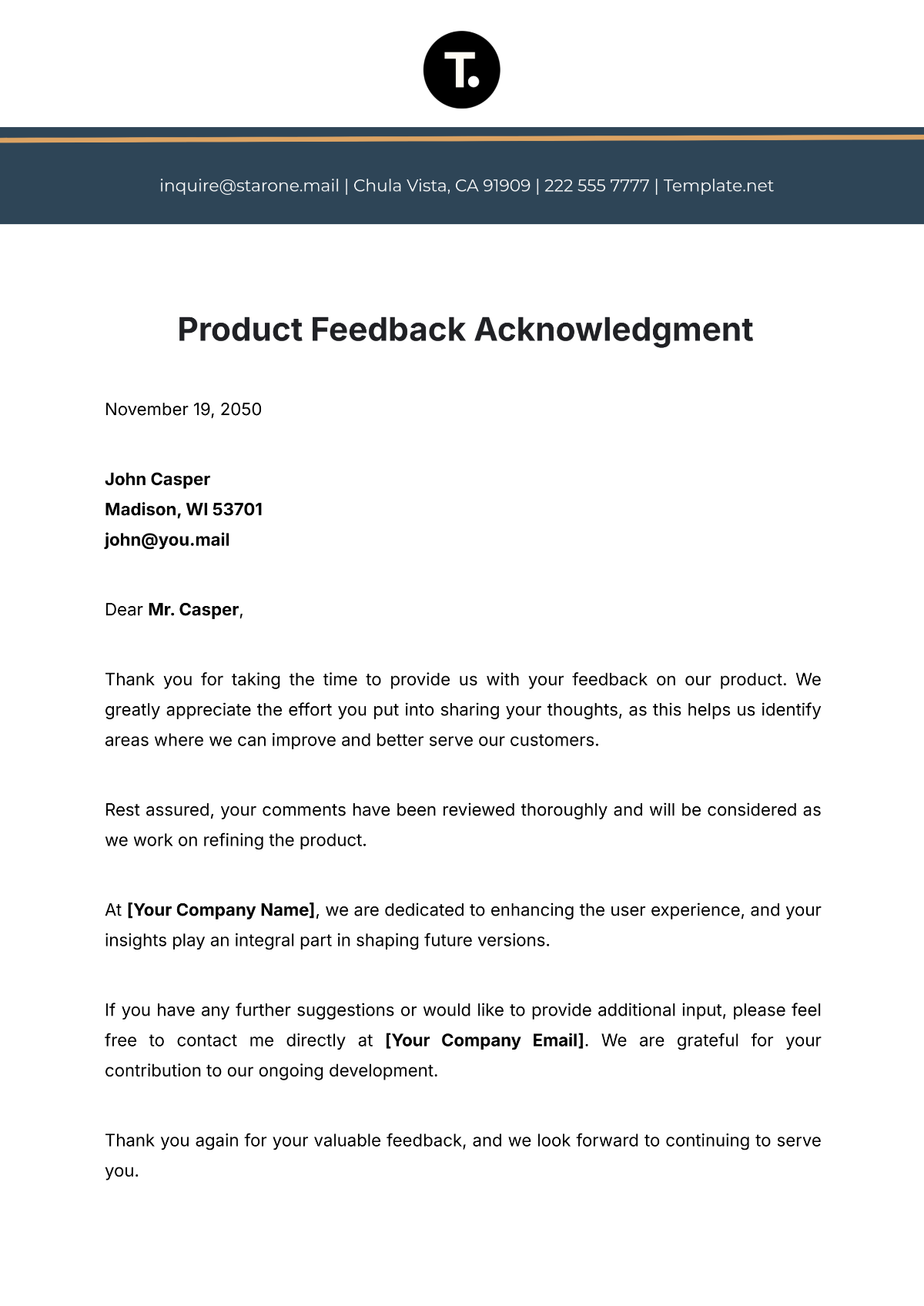 Product Feedback Acknowledgment Template - Edit Online & Download