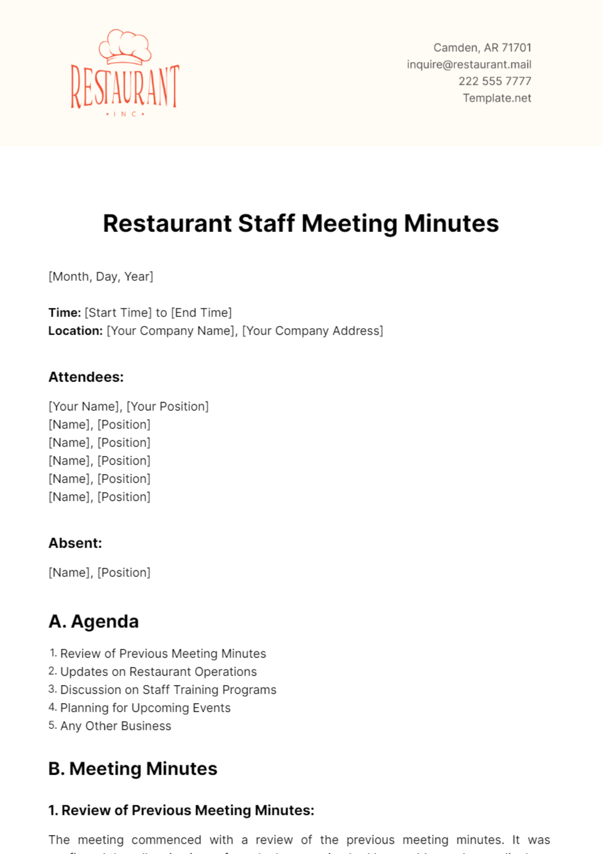 Free Restaurant Staff Meeting Minutes Template