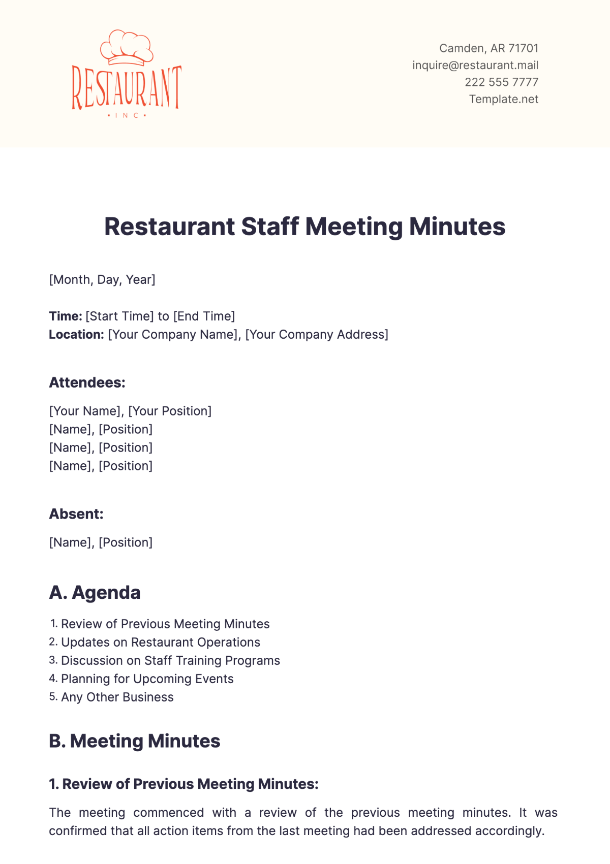 Free Restaurant Staff Meeting Minutes Template