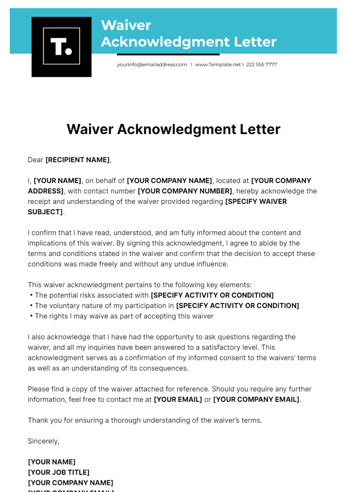 Waiver Acknowledgment Template