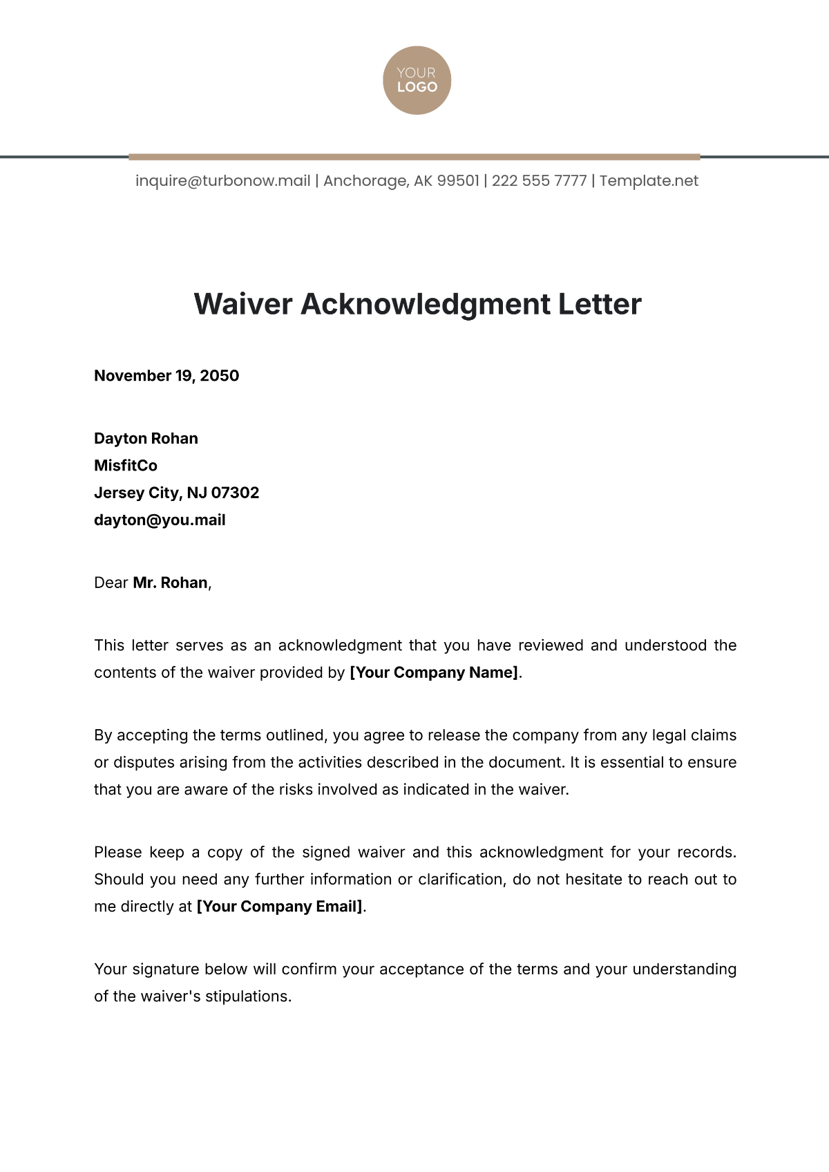 Waiver Acknowledgment Template - Edit Online & Download