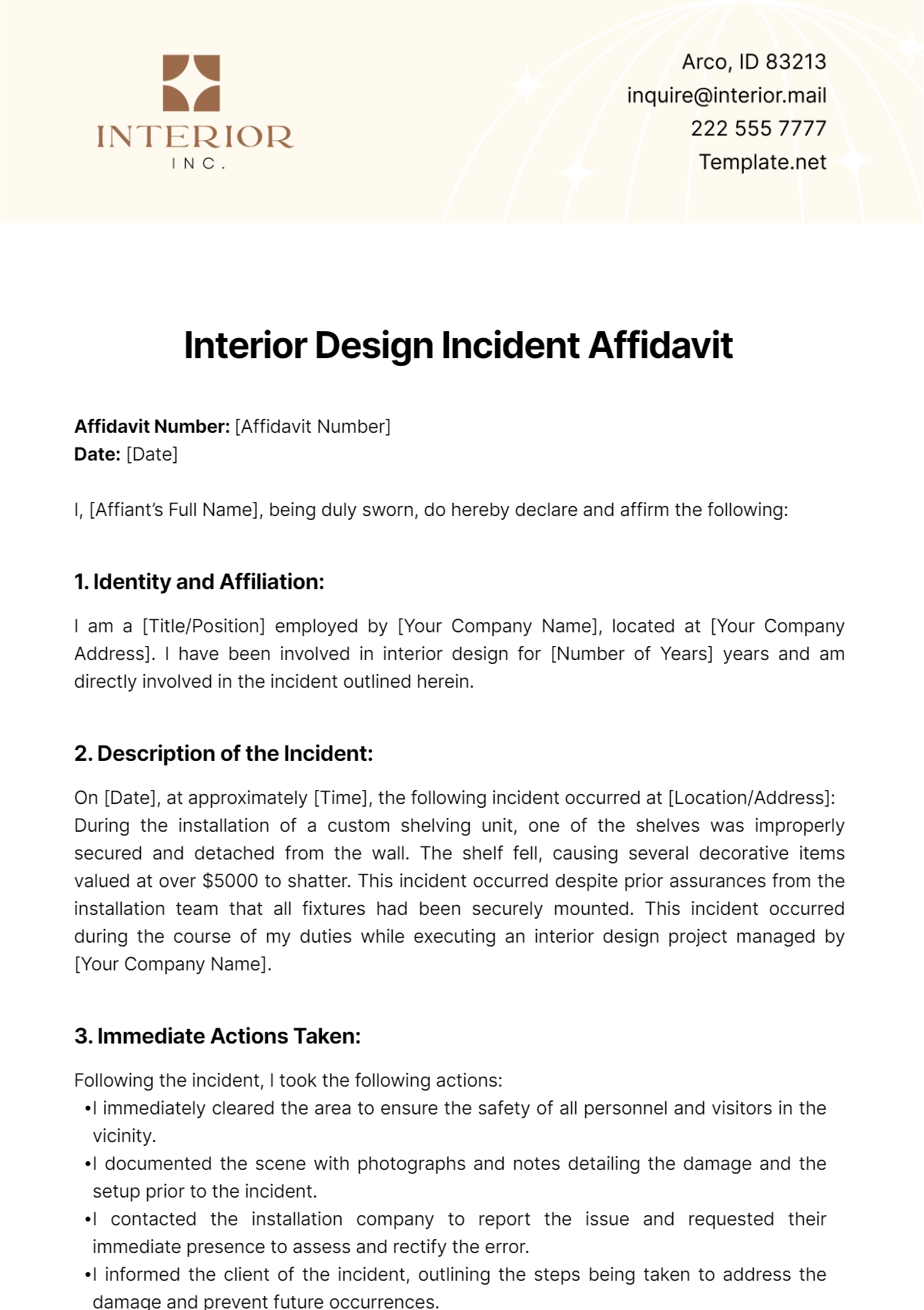 Interior Design Incident Affidavit Template - Edit Online & Download