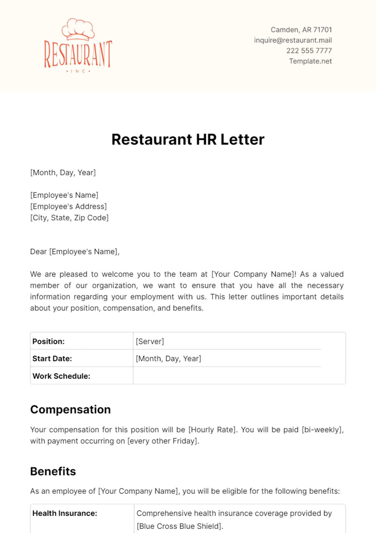 Restaurant HR Letter Template