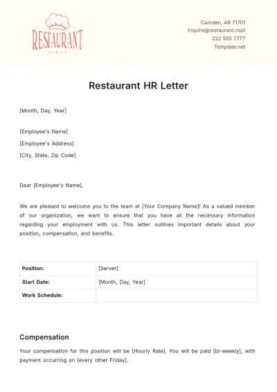 Free Restaurant HR Letter Template to Edit Online