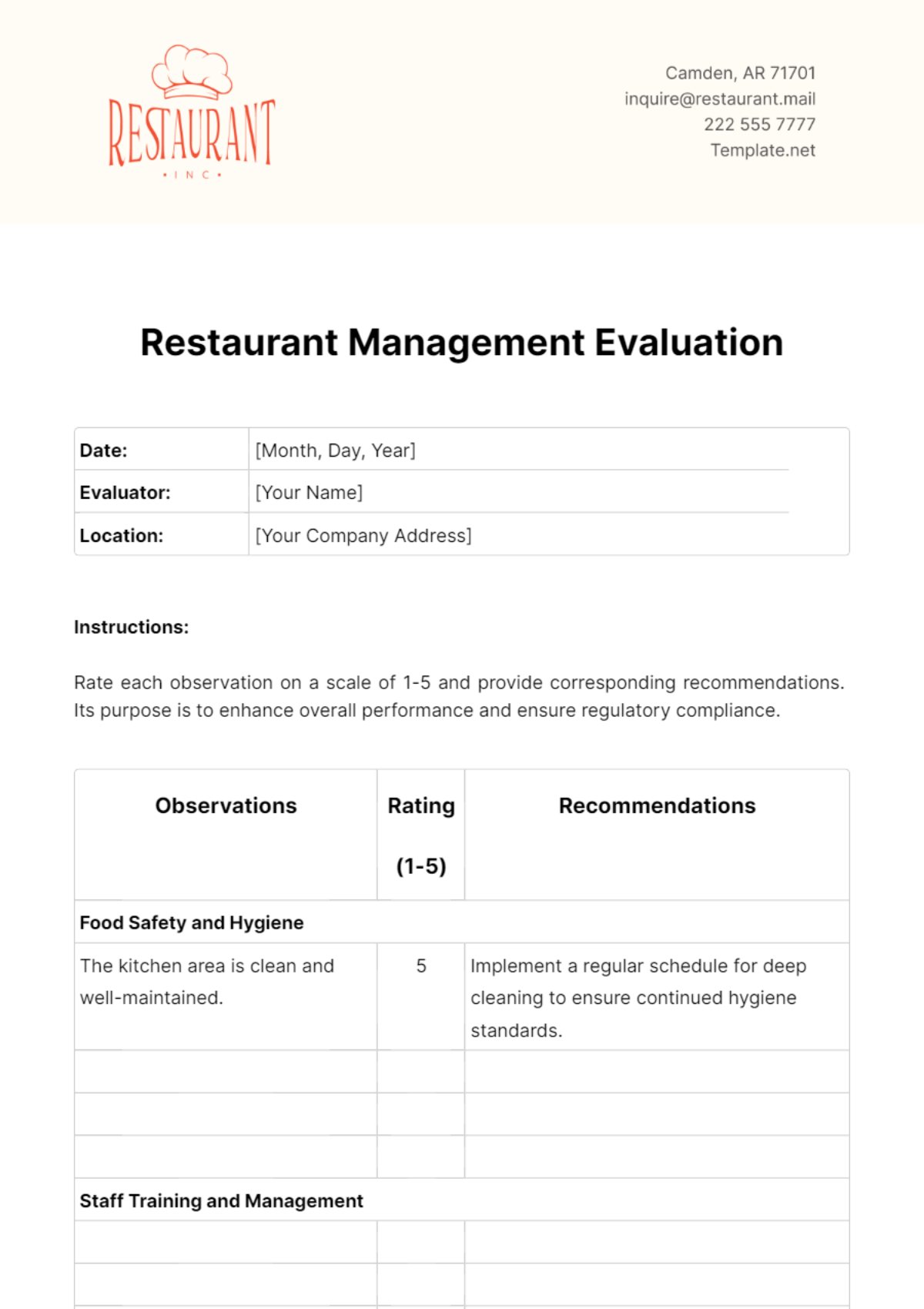 Restaurant Management Evaluation Template - Edit Online & Download