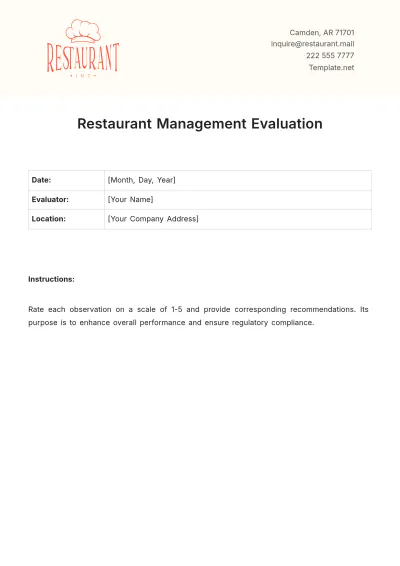Free Restaurant Management Evaluation Template to Edit Online