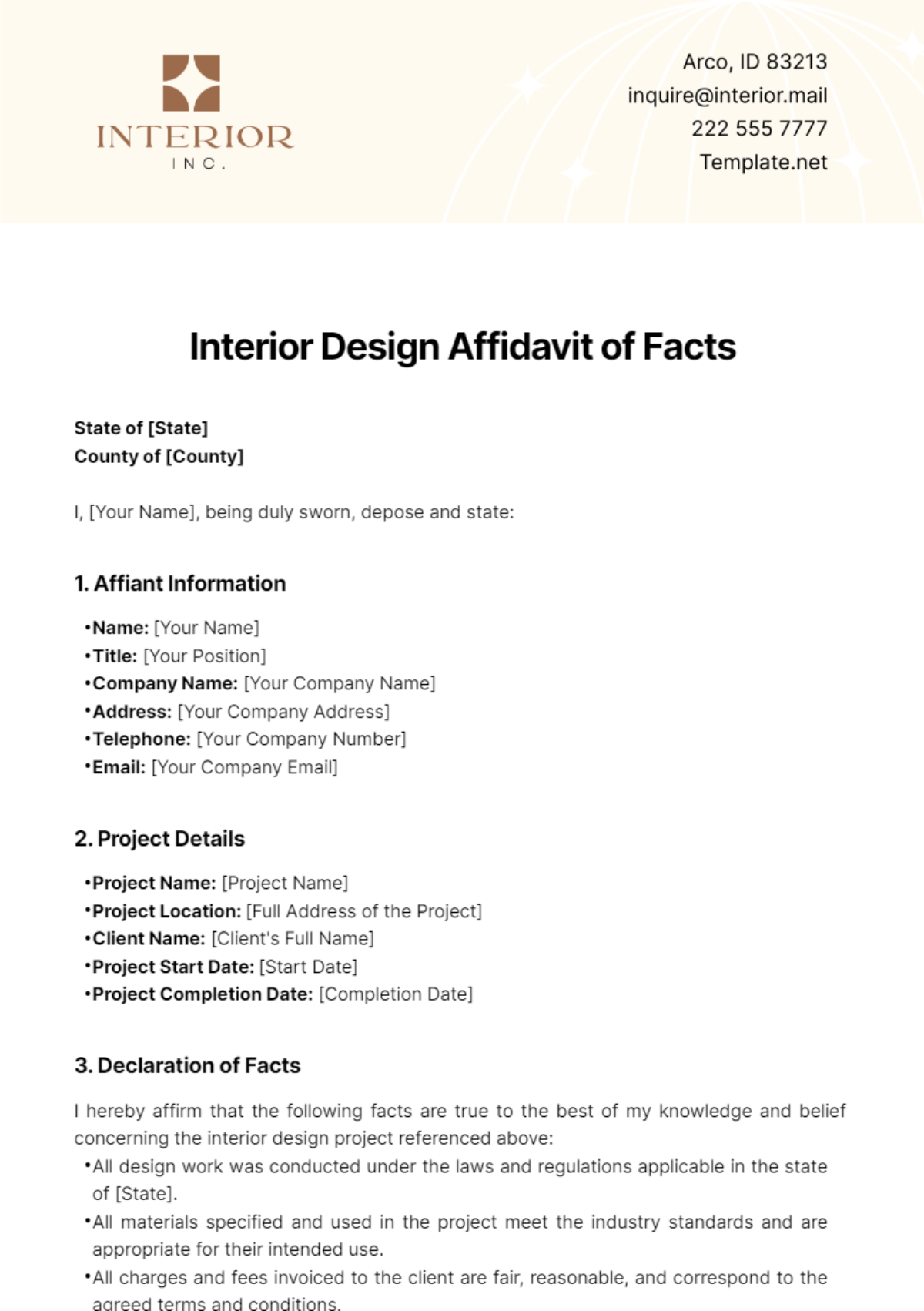 Interior Design Affidavit of Facts Template - Edit Online & Download