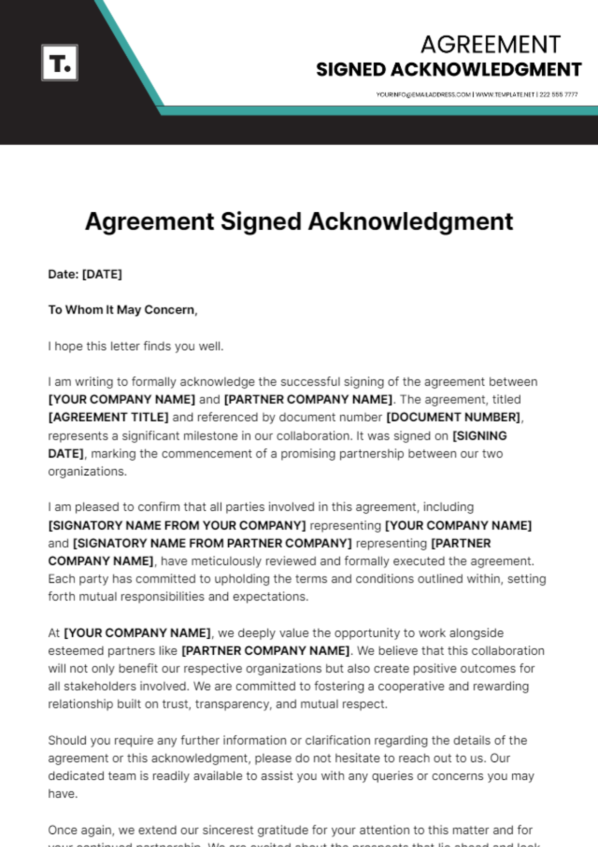 Agreement Signed Acknowledgment Template