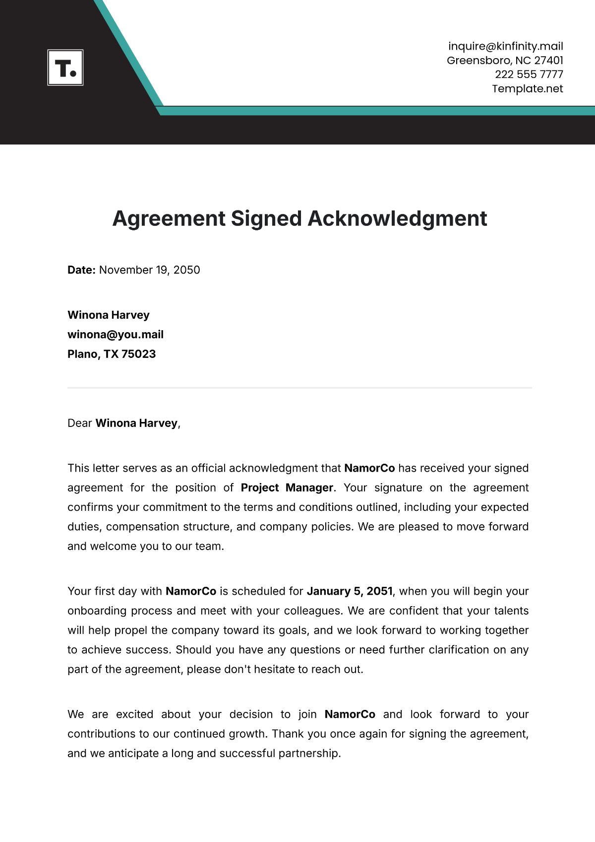 Agreement Signed Acknowledgment Template - Edit Online & Download