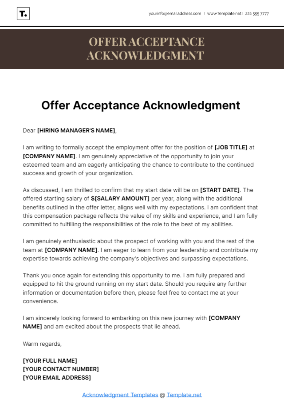 Offer Acceptance Acknowledgment Template