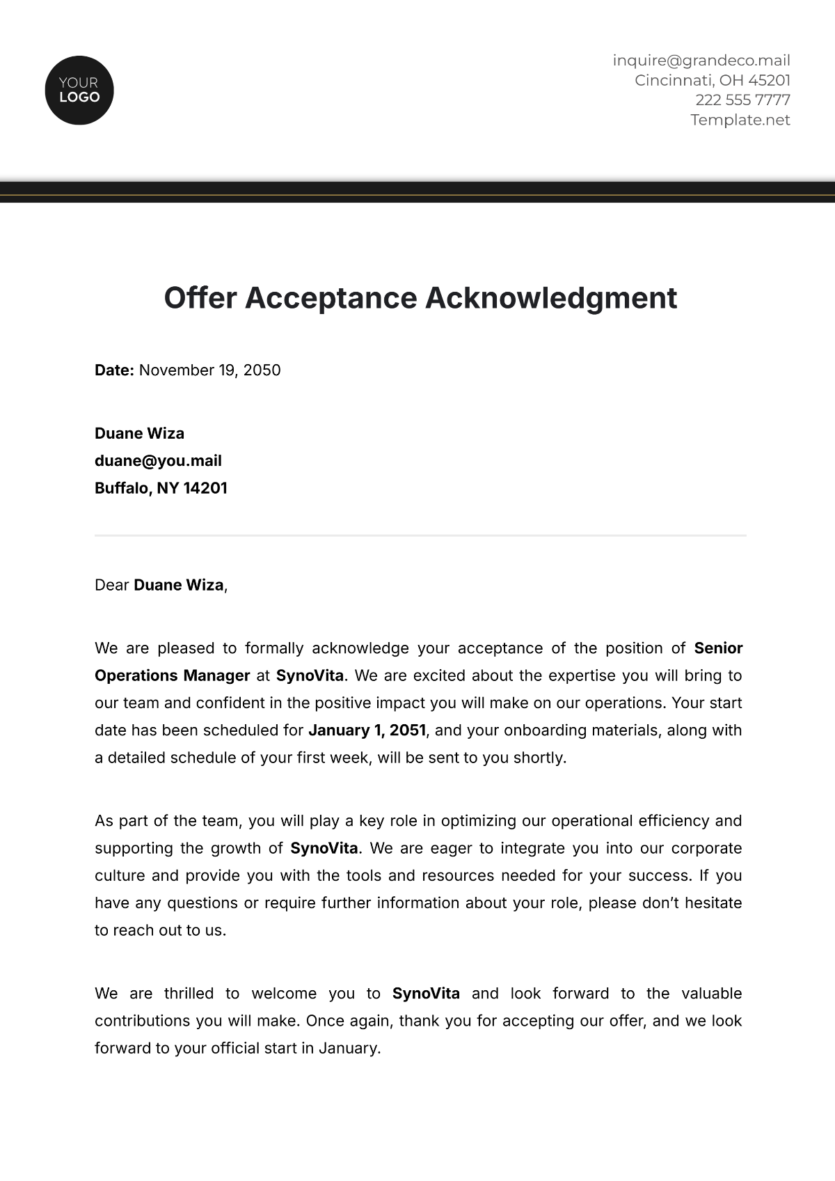 Offer Acceptance Acknowledgment Template - Edit Online & Download