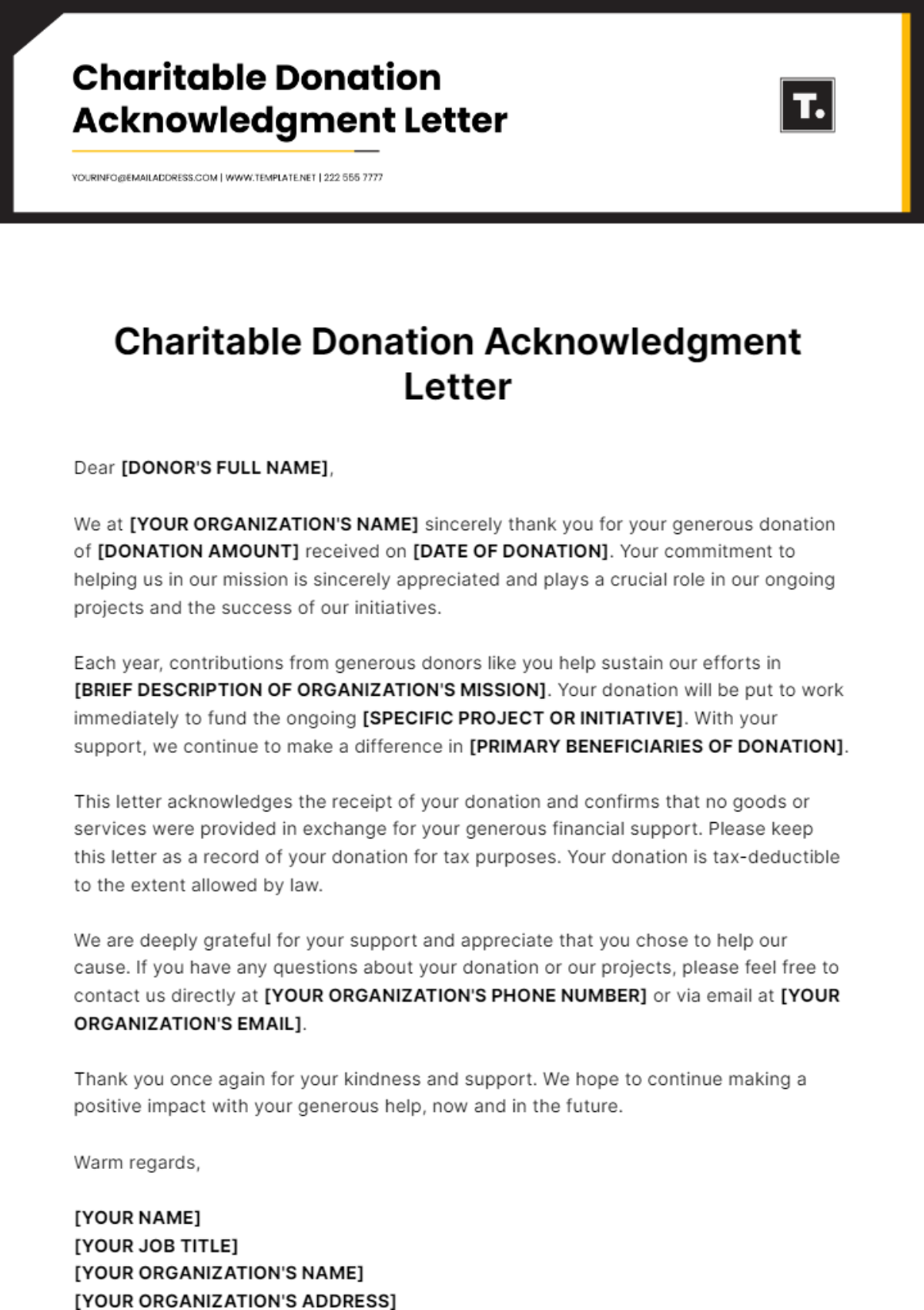 Charitable Donation Acknowledgment Letter Template