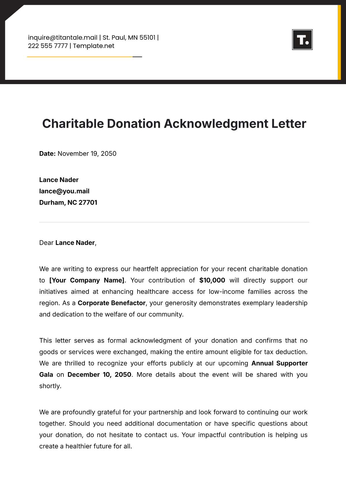 Charitable Donation Acknowledgment Letter Template - Edit Online & Download