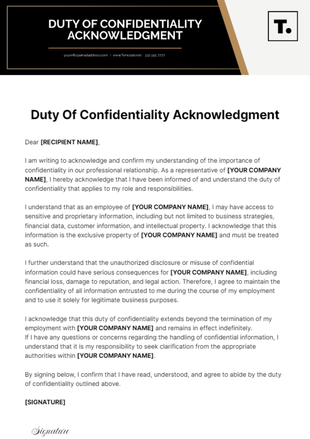 Duty Of Confidentiality Acknowledgment Template