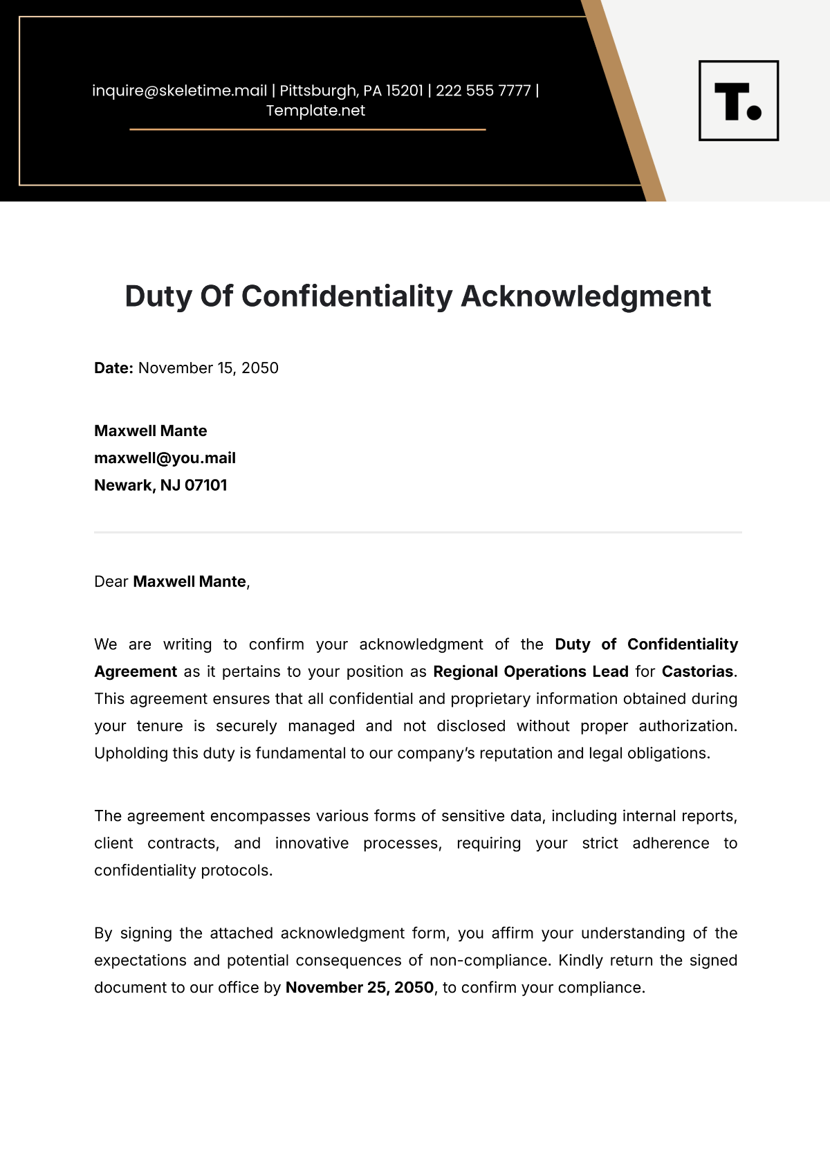 Duty Of Confidentiality Acknowledgment Template - Edit Online & Download