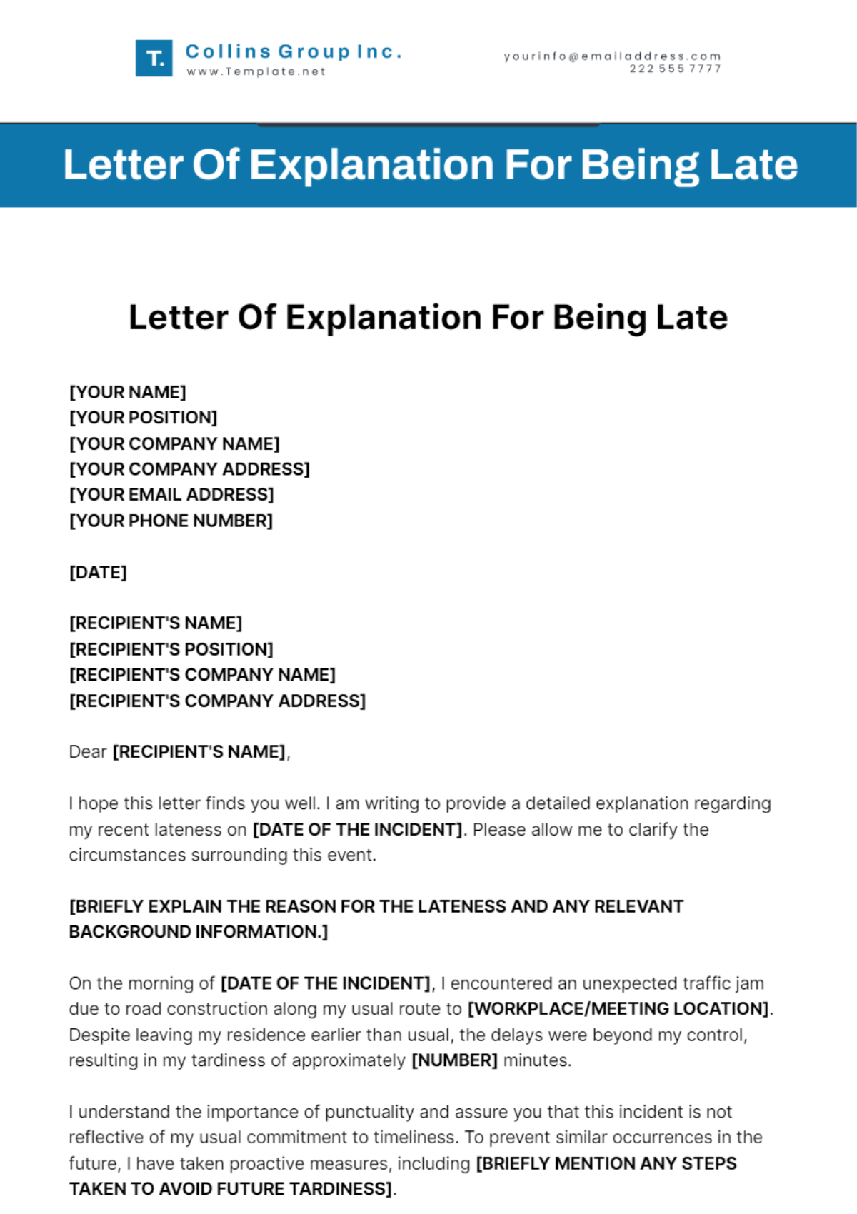 Letter Of Explanation For Being Late Template