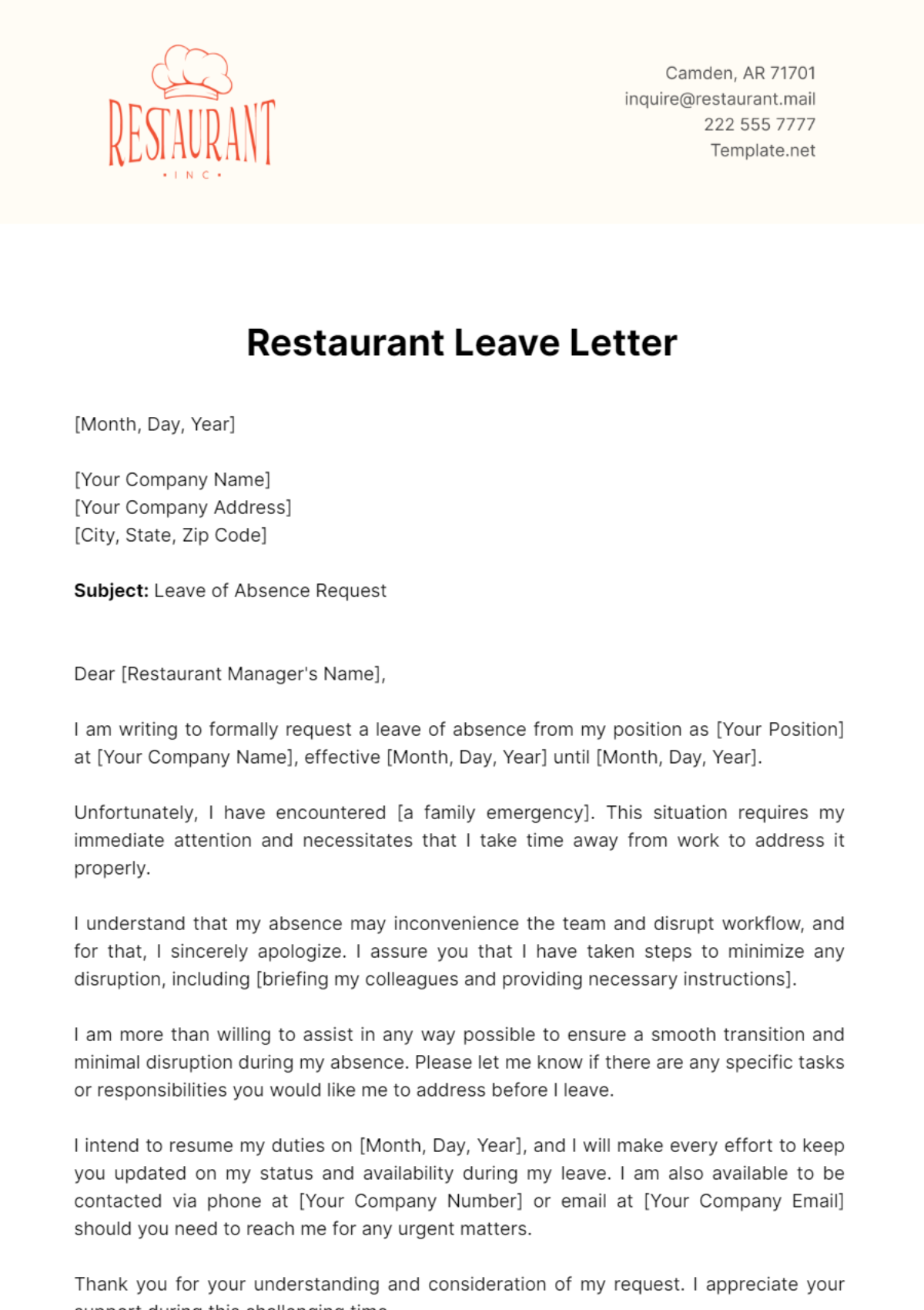 Restaurant Leave Letter Template