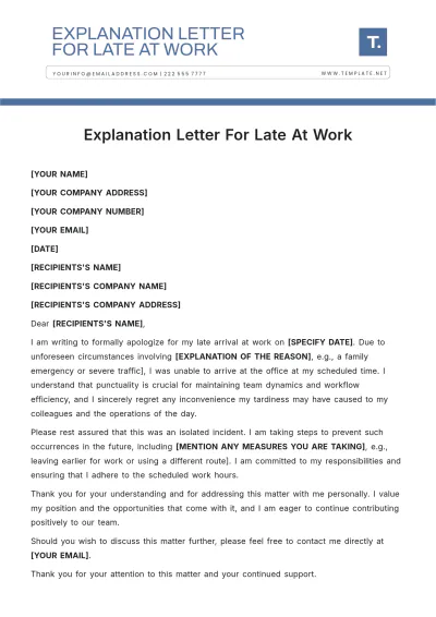 Free Explanation Letter For Late At Work Template to Edit Online