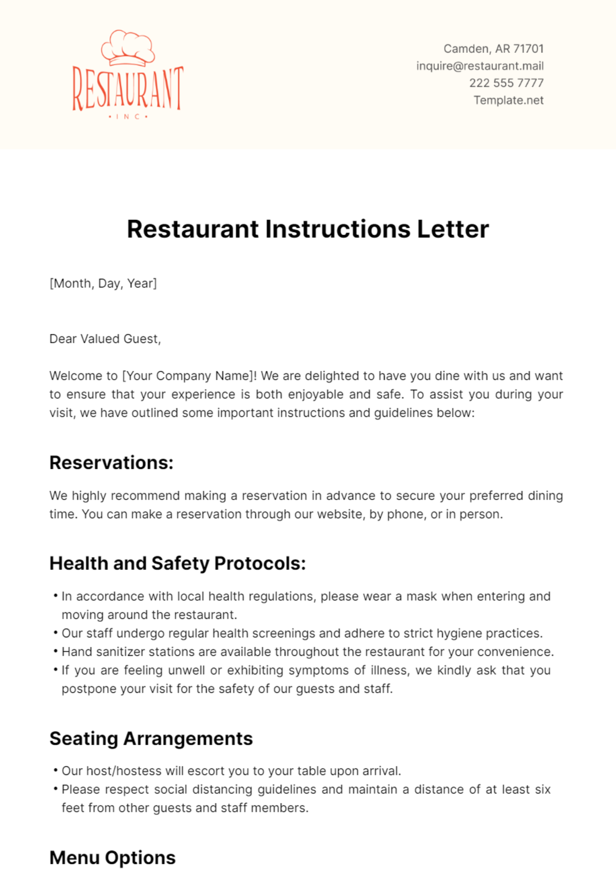 Restaurant Instructions Letter Template
