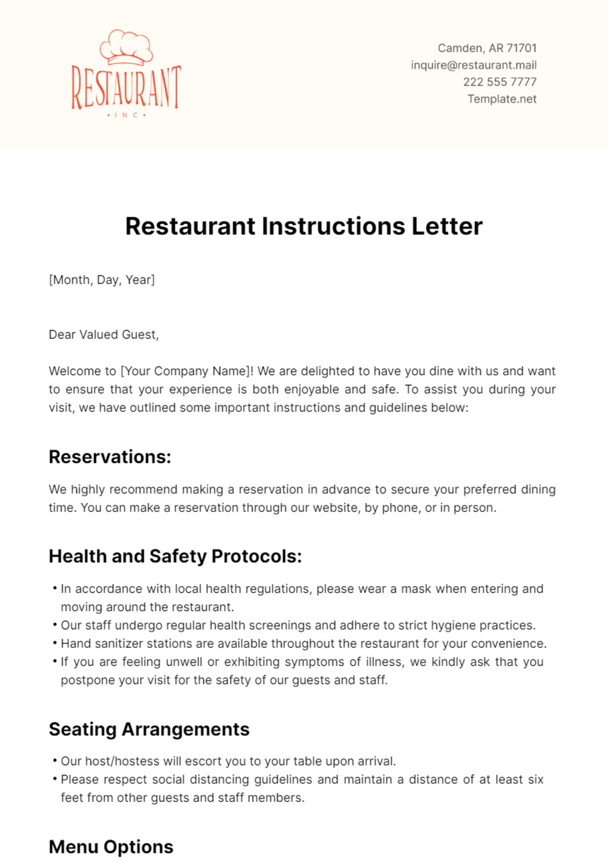 Restaurant Instructions Letter Template - Edit Online & Download