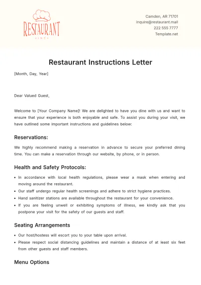 Free Restaurant Instructions Letter Template to Edit Online