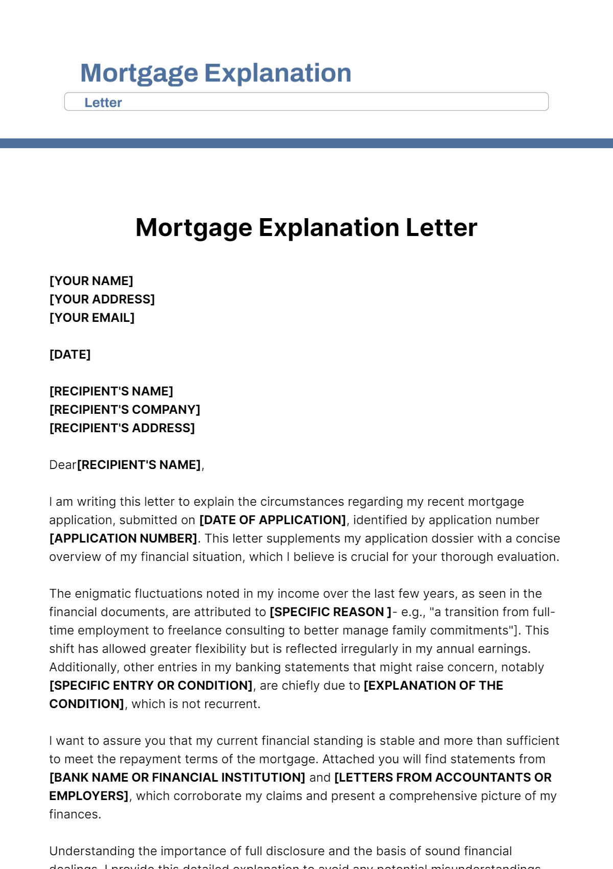 Mortgage Explanation Letter Template