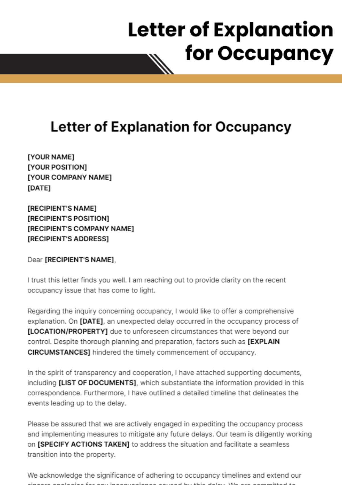 Letter Of Explanation For Occupancy Template