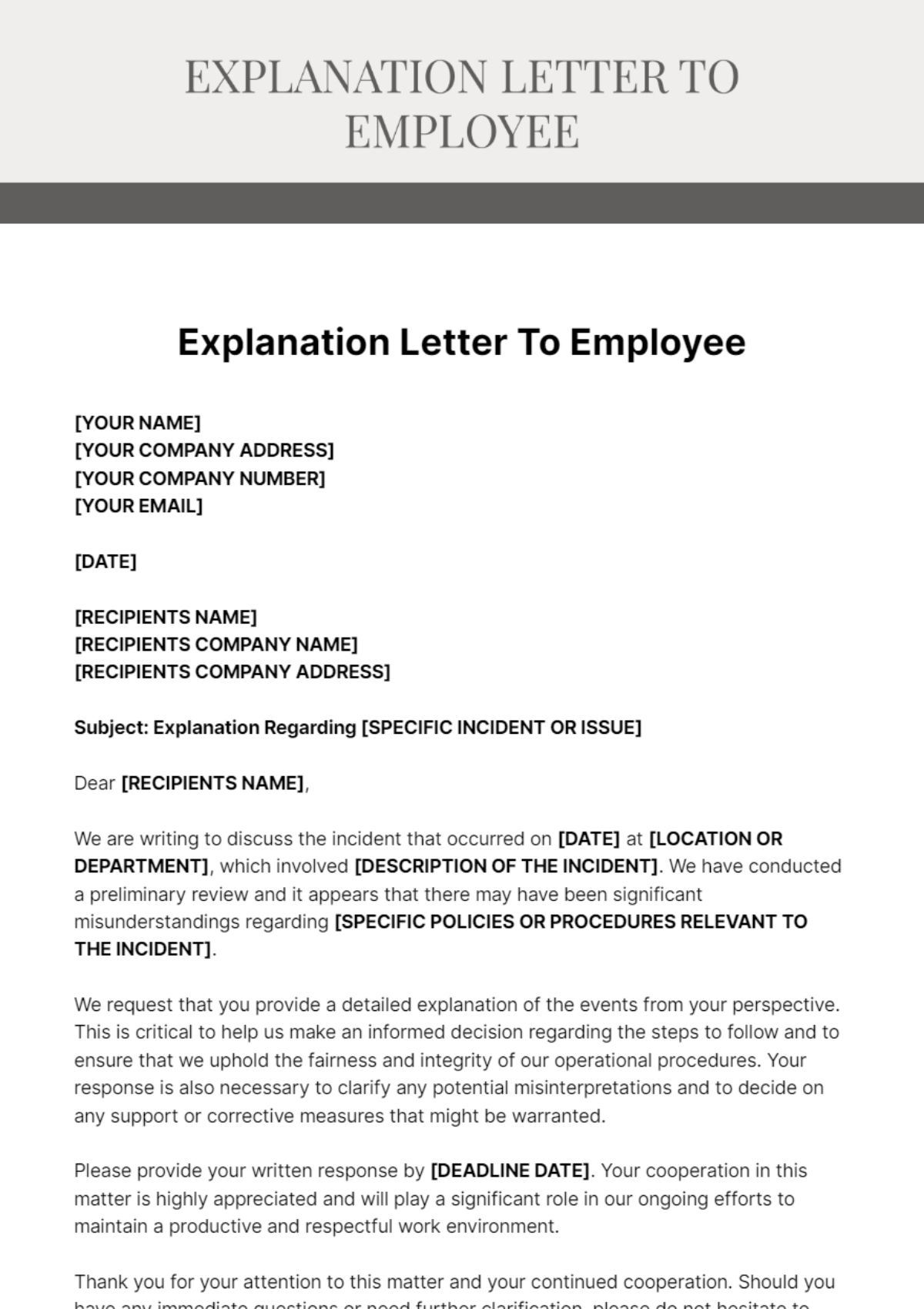Explanation Letter To Employee Template