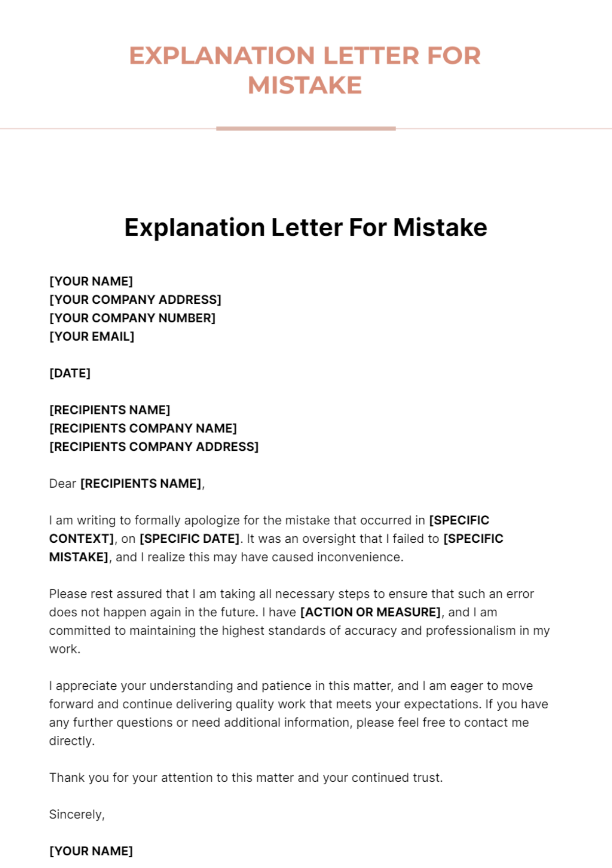 Explanation Letter For Mistake Template