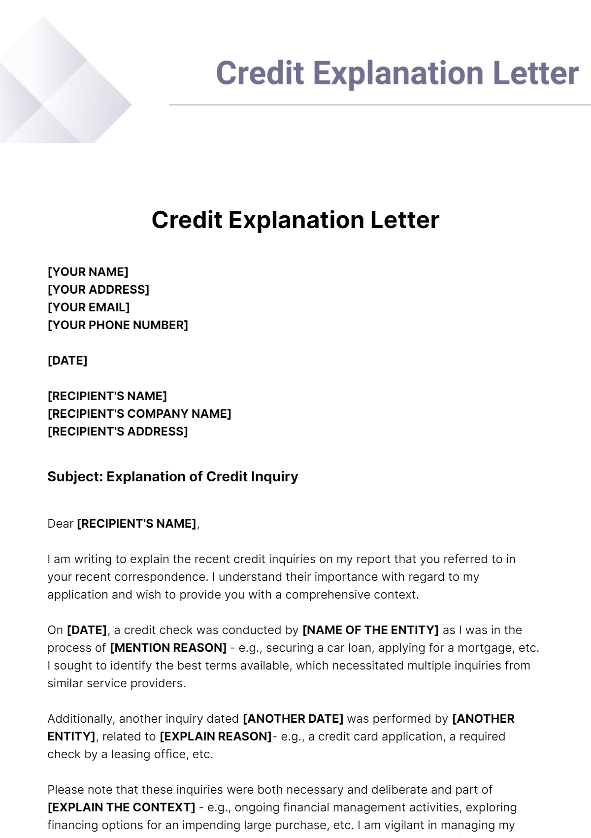 Credit Explanation Letter Template