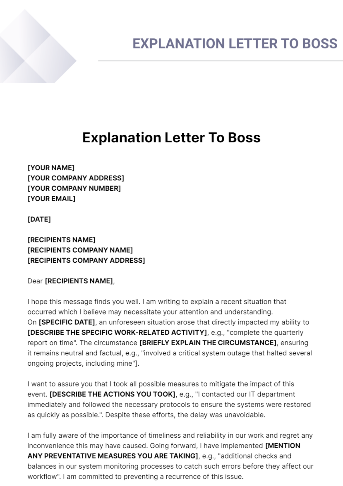 Explanation Letter To Boss Template