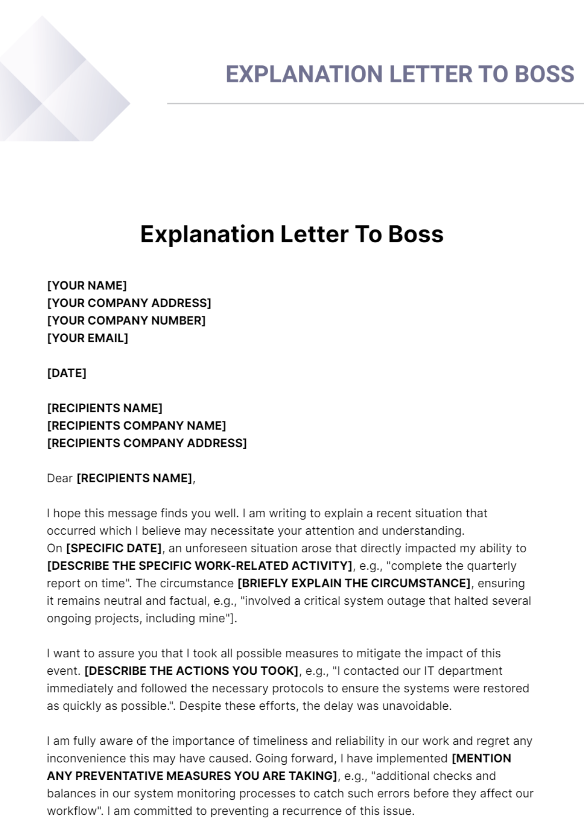 Explanation Letter To Boss Template - Edit Online & Download