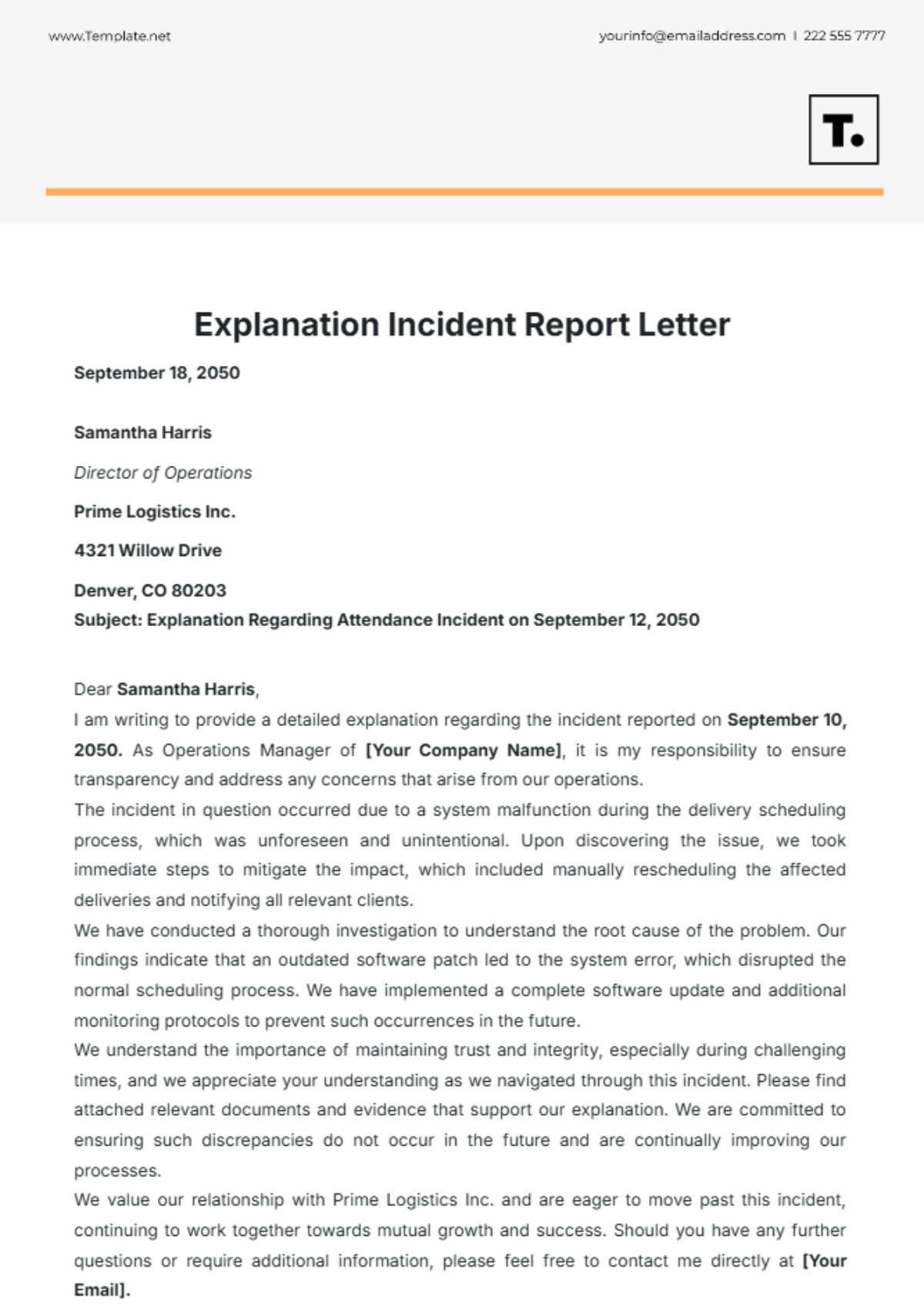 Free Explanation Incident Report Letter Template