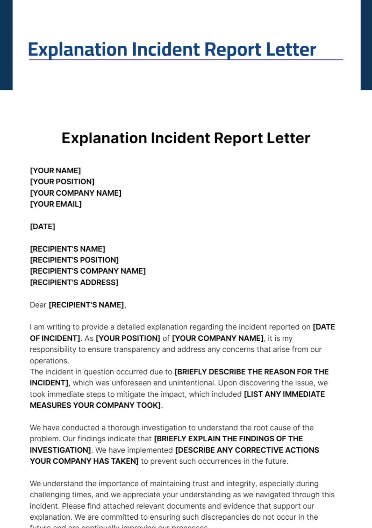 Explanation Incident Report Letter Template