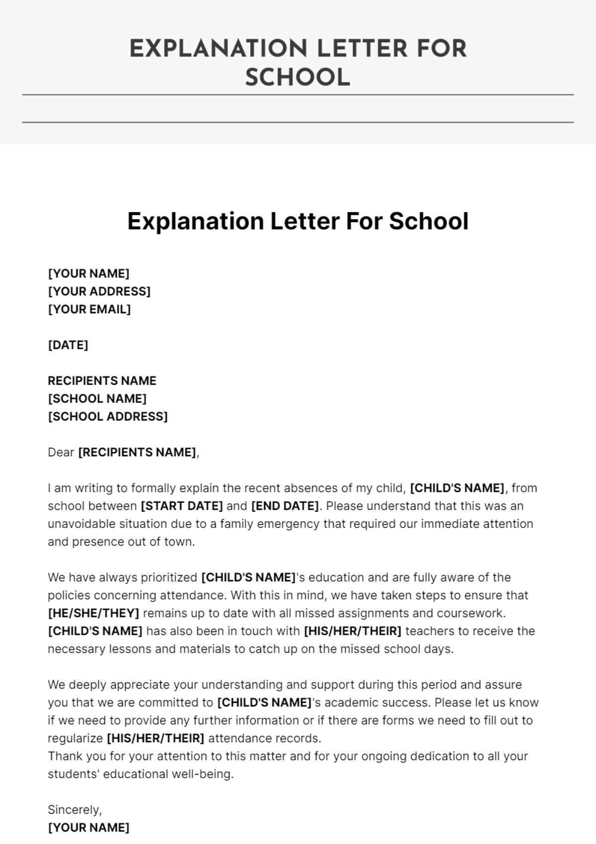 Explanation Letter For School Template