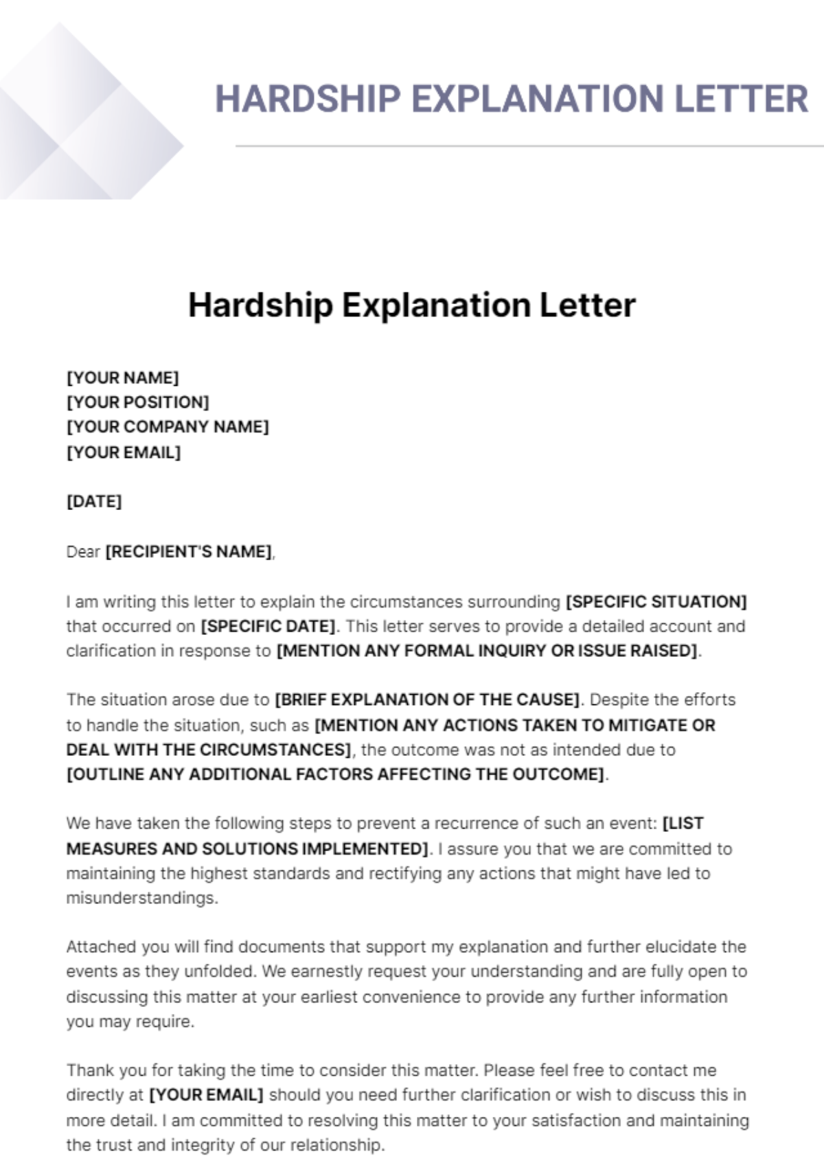 Hardship Explanation Letter Template