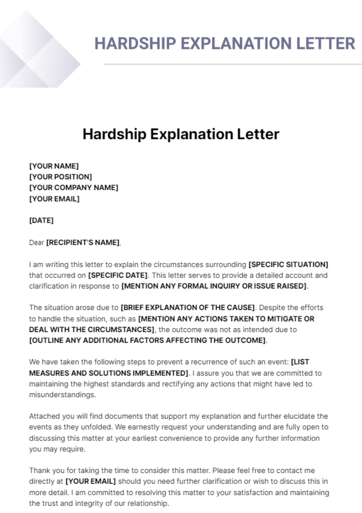 Hardship Explanation Letter Template - Edit Online & Download