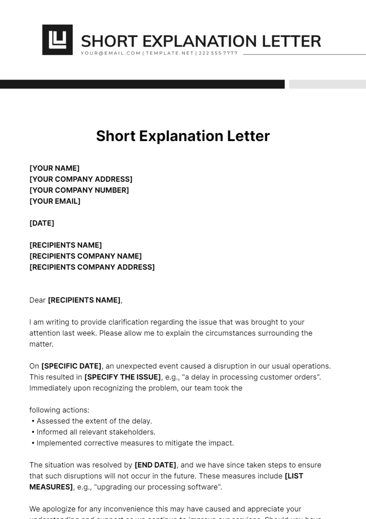 Short Explanation Letter Template