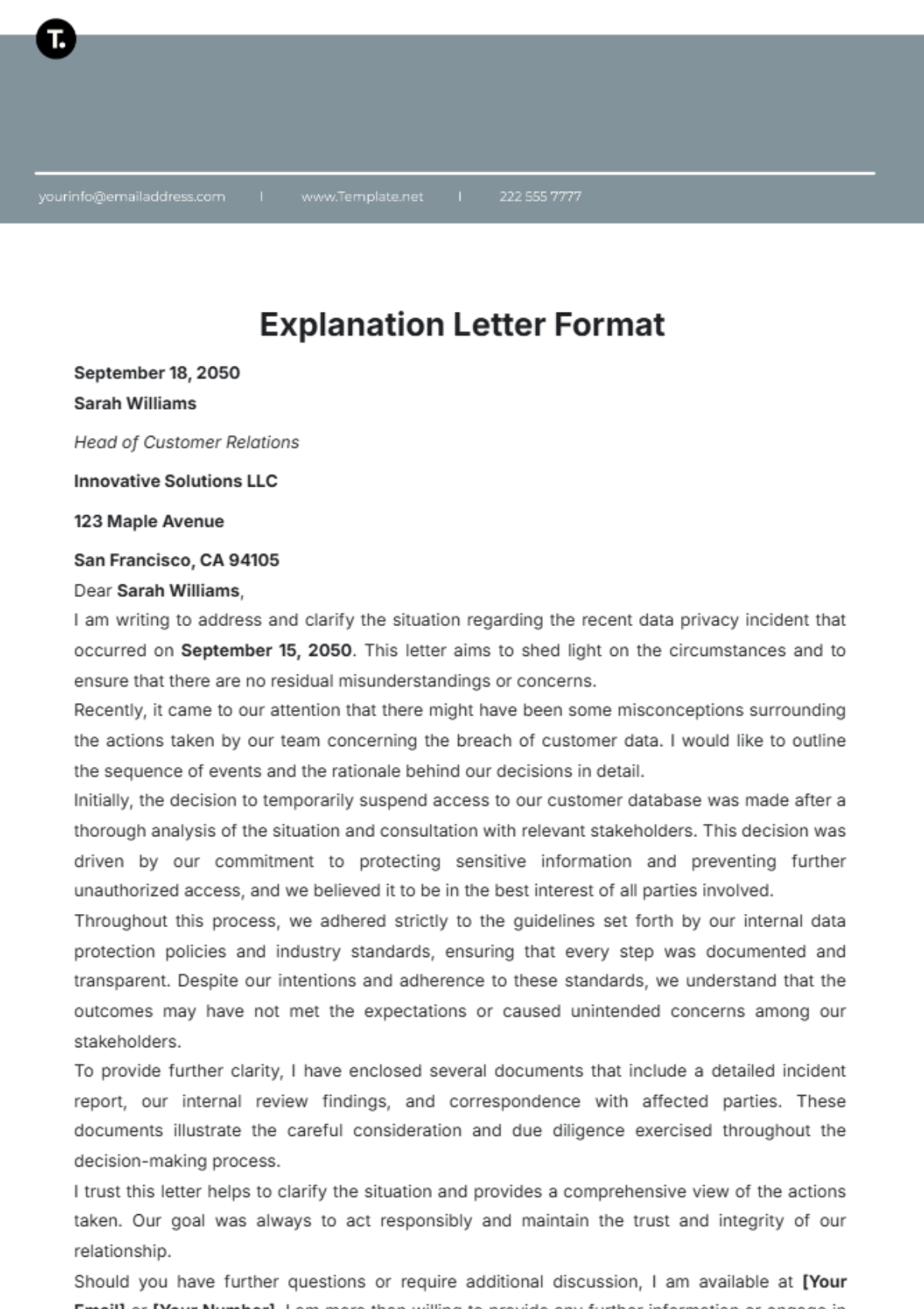 Free Explanation Letter Format Template