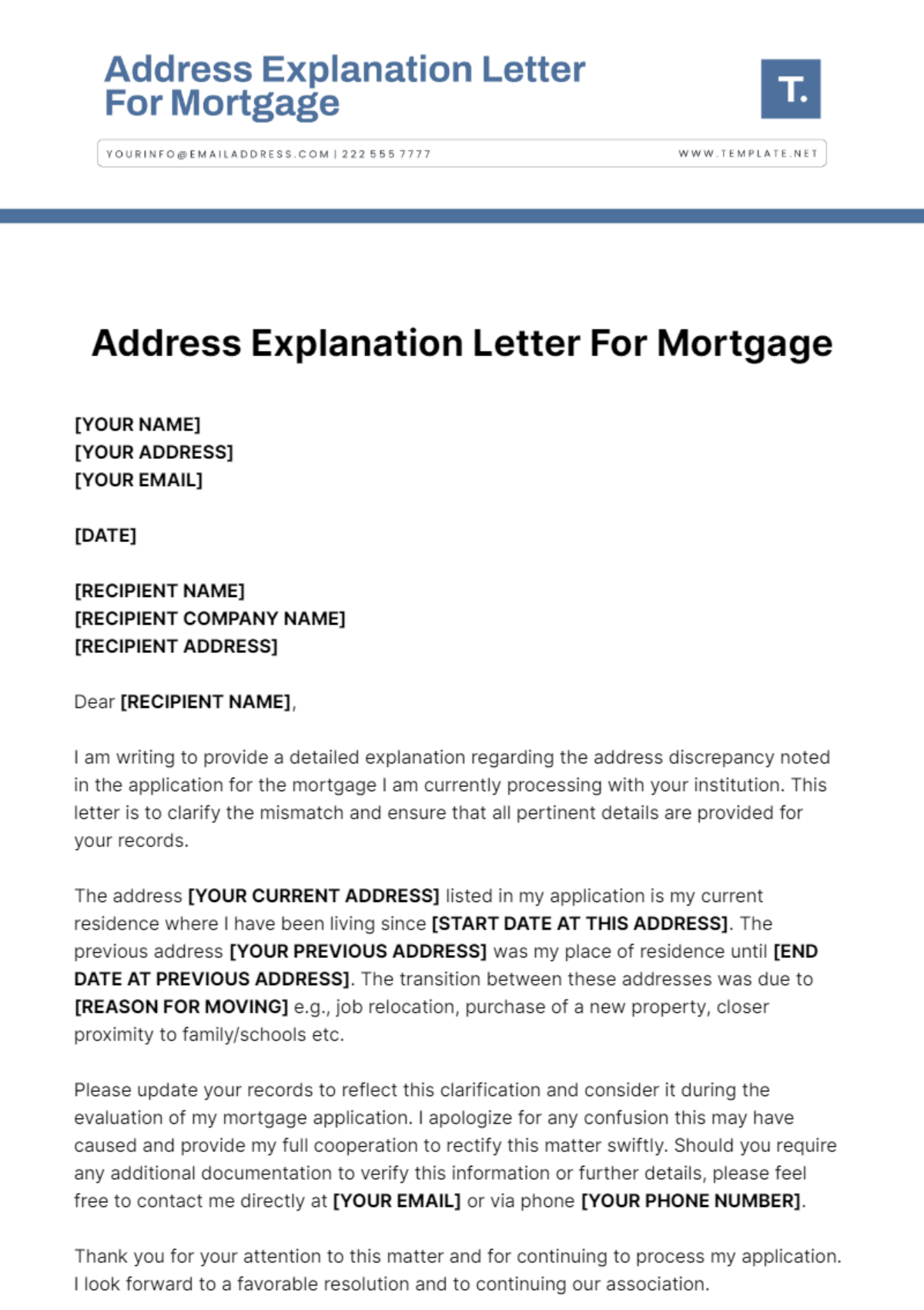 Address Explanation Letter For Mortgage Template