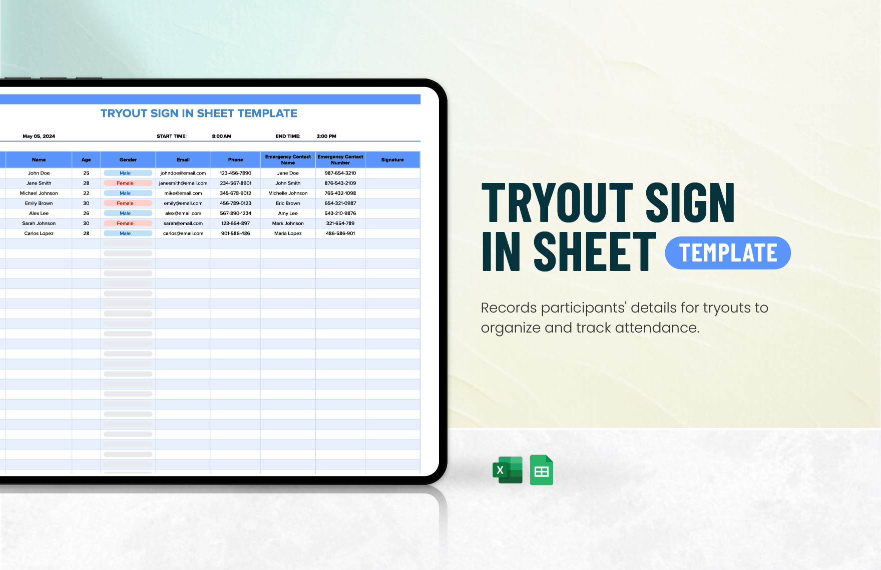 Free Tryout Sign in Sheet Template in Excel, Google Sheets