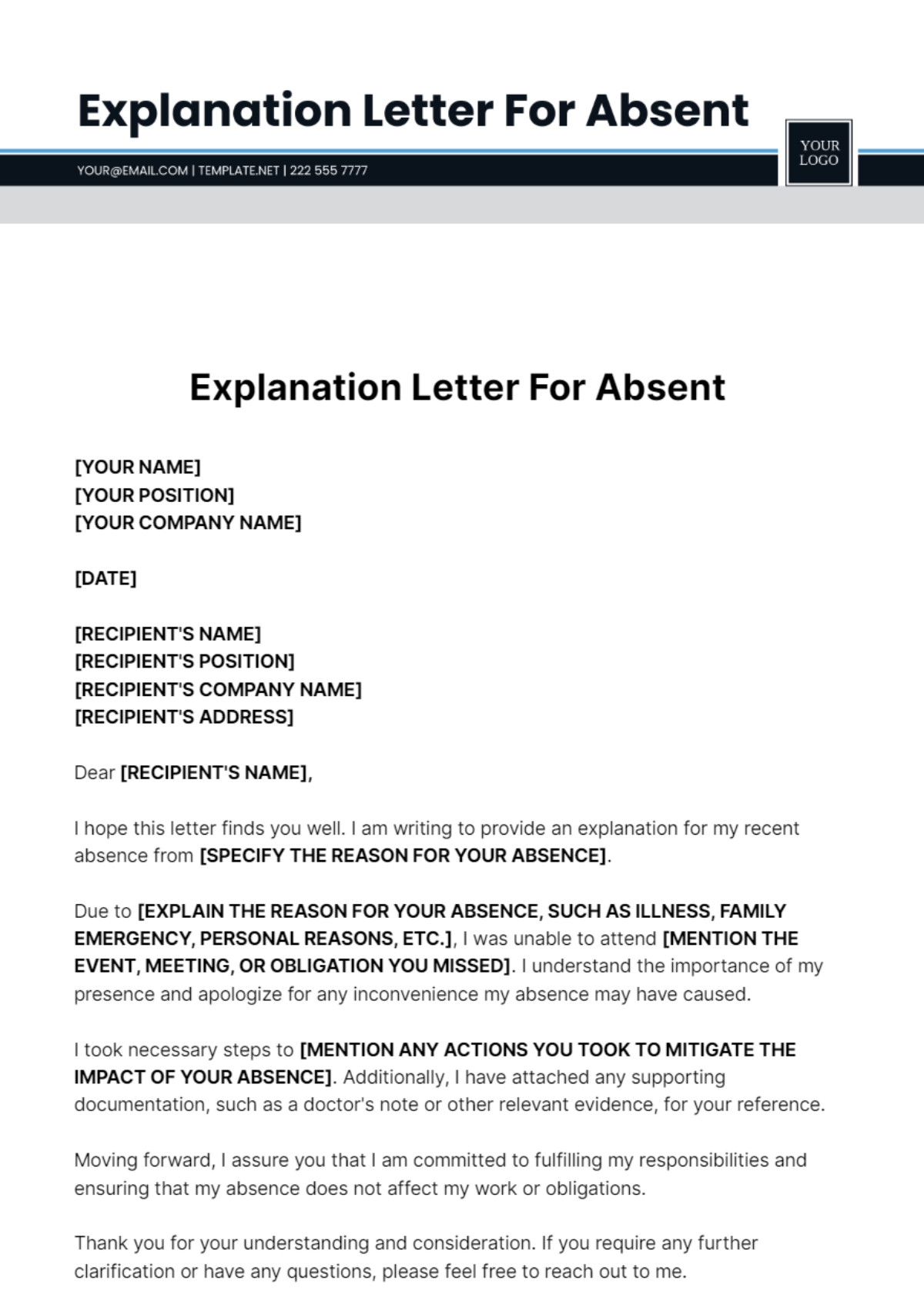Explanation Letter For Absent Template