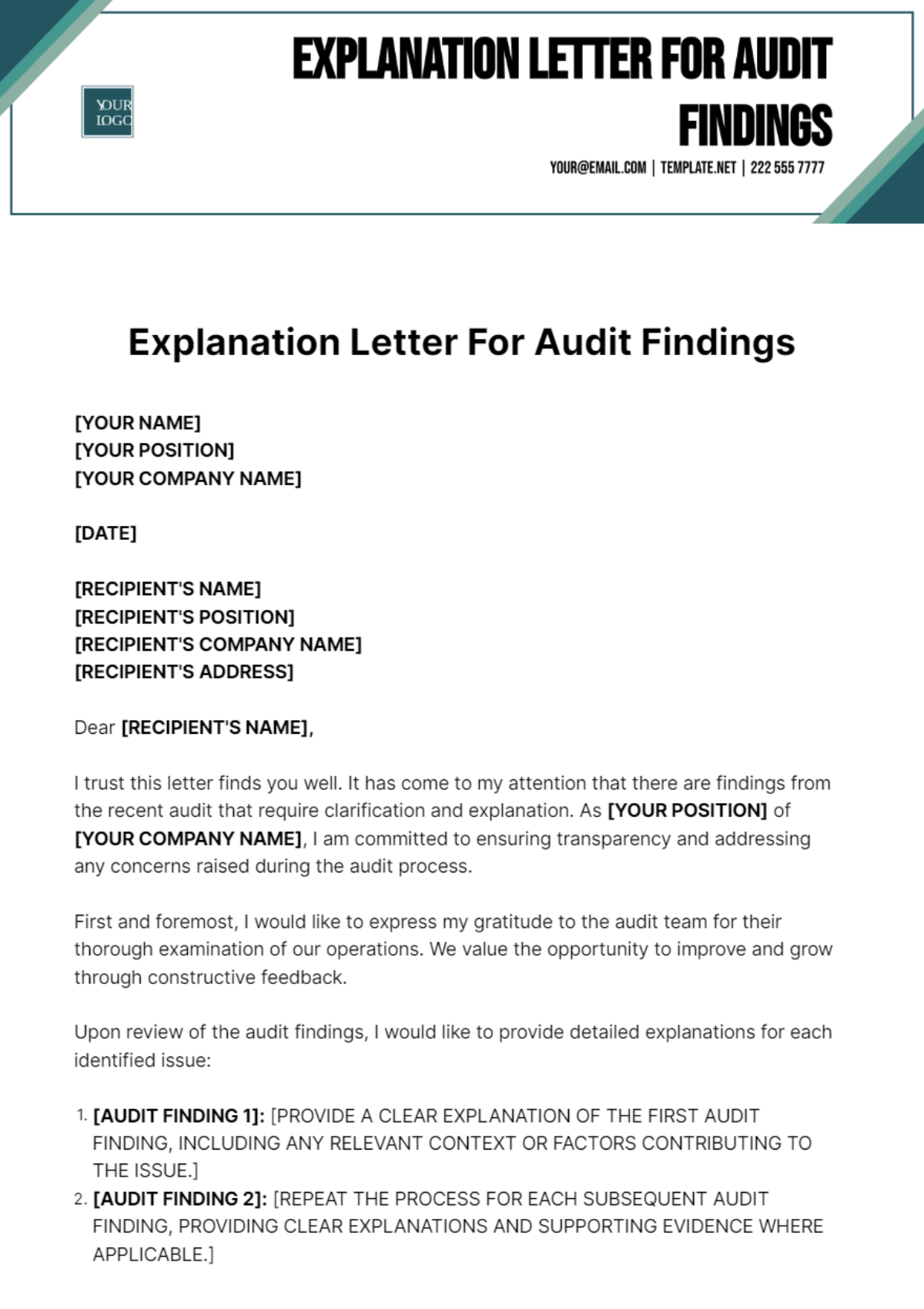 Explanation Letter For Audit Findings Template
