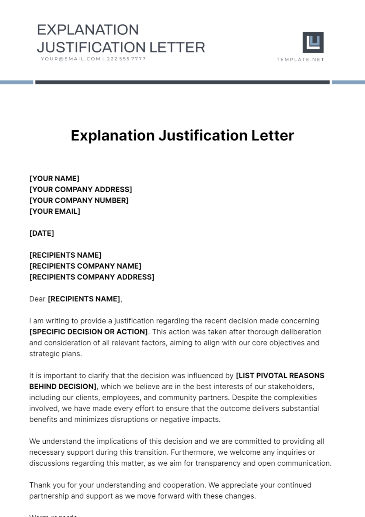 Explanation Justification Letter Template