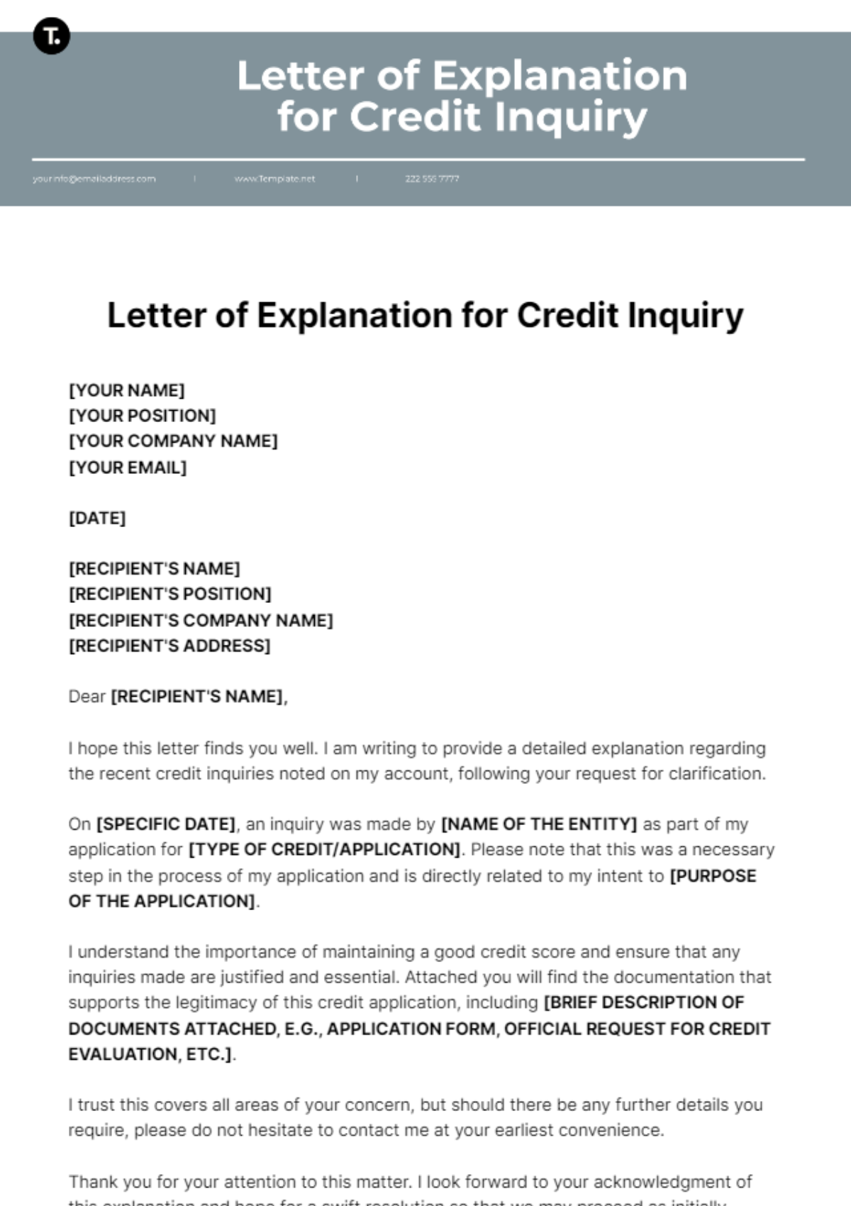 Letter Of Explanation Credit Inquiry Template