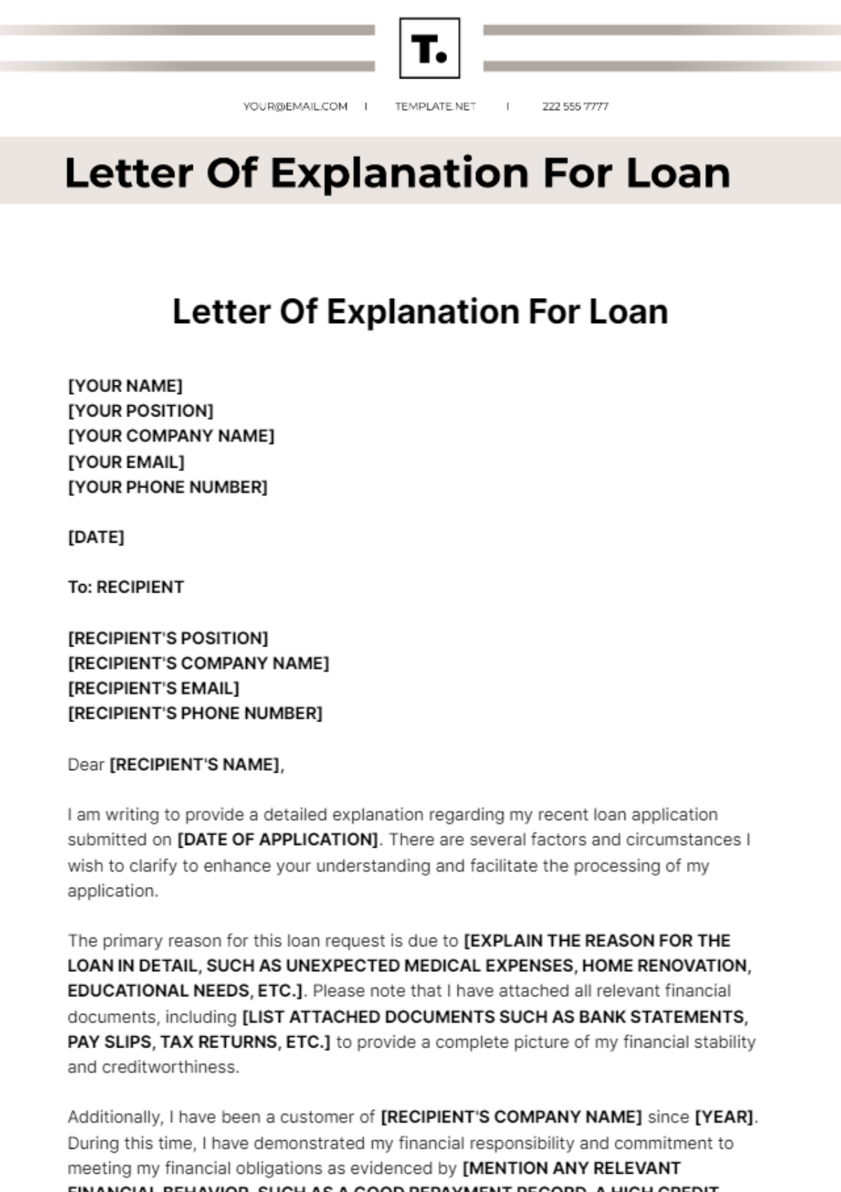 Letter Of Explanation For Loan Template