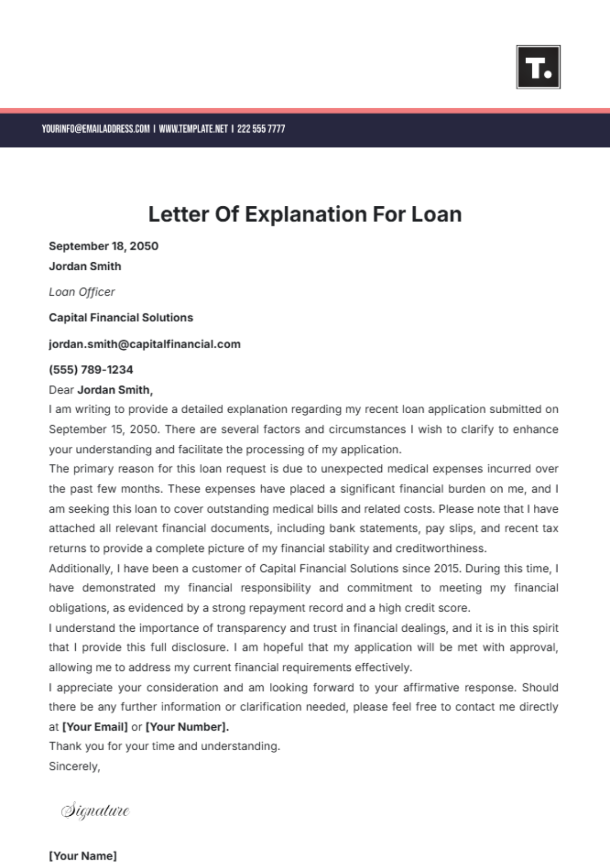 Free Letter Of Explanation For Loan Template